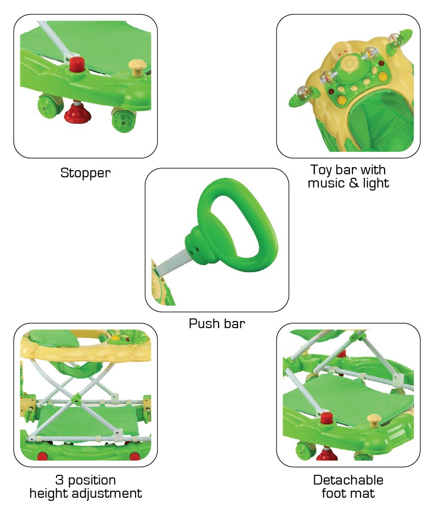 Engaging green and yellow baby walker with rocker mode, promoting child development and mobility. www.usmile.toys